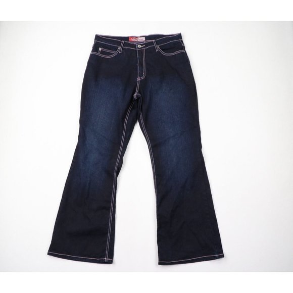 Vintage 90s Streetwear Womens 16 Distressed Thick Stitch Wide Leg Flared Jeans